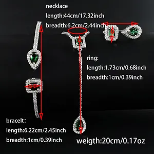 Detaillierte Größentabelle für das grüne Schmuckset mit Halskette, Armband und Ring