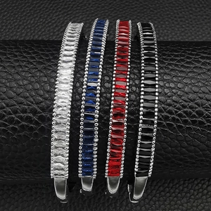 Detail of adjustable irregular bracelets with rectangle-cut zircons in four colors