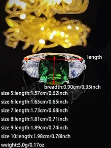 Detailed size chart for emerald ring showing weights and diameters from size 5 to 10