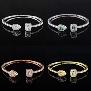 Bracelet ouvert irrégulier en argent S925 avec cristaux de forme goutte et rectangle