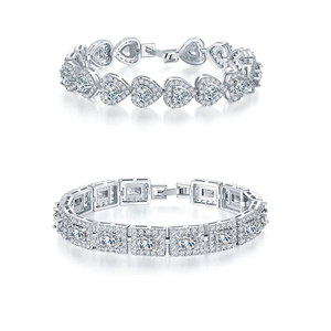 Irregular heart and square charms silver bracelets with micro-set crystals and folding clasp