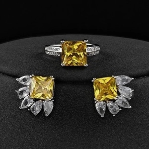 Detail eines Schmucksets mit quadratischem gelbem Edelstein, Flügelohrringen und Ring