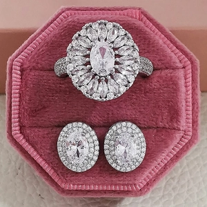 Luxury silver jewelry set with oval cluster ring and matching stud earrings in pink box