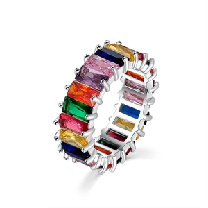 Rainbow eternity ring with rectangular multi-color gemstones set in a silver band
