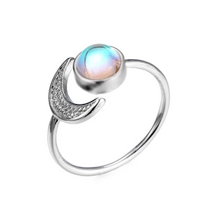 Silver S925 crescent moon and moonstone open ring with brilliant iridescent gemstone