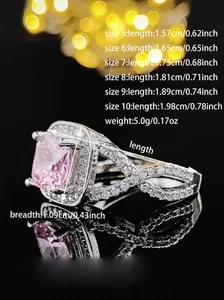 Detailed sizing chart for women's silver ring featuring pink square zircon stone