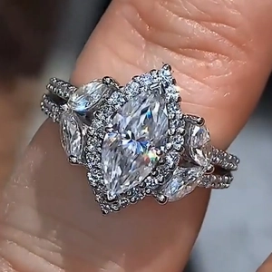 Marquise Cut Zircon Engagement Ring For Women Luxury Copper Silver Plated Halo Wedding Finger Ring Anniversary Jewelry