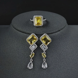 Luxury Copper Yellow Rhinestone Jewelry Set For Women Emerald Cut Geometric Ring Long Drop Earrings Wedding Banquet Jewelry
