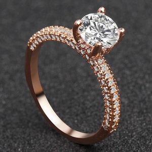 Women Fashion Copper Zirconia Ring Engagement Proposal Shiny Round Inlaid Luxury Jewelry Gift For Ladies Silver Rose Gold