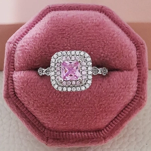 Luxury 925 silver plated ring with pink princess cut stone in a velvet gift box