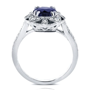 Bague fleurie évidée pour femme avec zircon bleu ovale et finition métal argenté