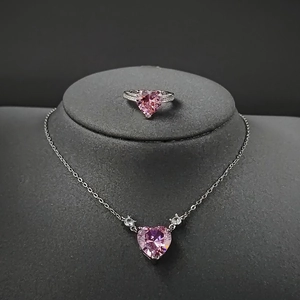 Romantic Copper Heart Jewelry Set Pink White Rhinestone Heart Pendant Necklace And Ring Valentine's Day Gift For Women Party Jewelry