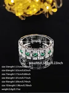 Detailed size chart for silver band ring with green stones and dimensions