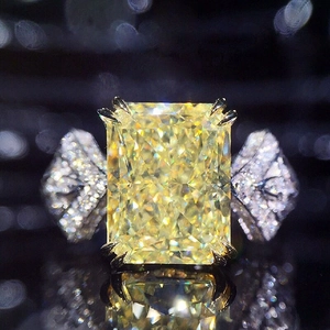 Luxury Radiant Cut Yellow Cubic Zirconia Ring Copper Three Stone Engagement Wedding Party Jewelry For Women