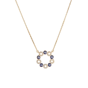 Collier Main d'Oeil en or avec motifs émail bleu et anneaux de cristaux pavés femme