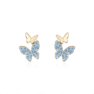 Elegant gold butterfly stud earrings with blue crystals and a minimalist layered wing design