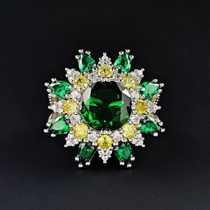 Luxurious emerald flower adjustable ring with halo of green and white gemstones