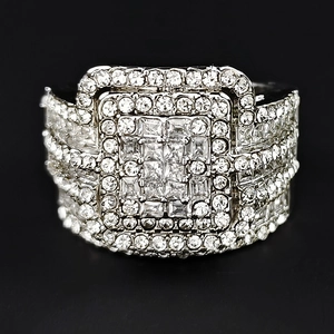 Dramatic layered silver ring set featuring multi-layered square rhinestone pavé design