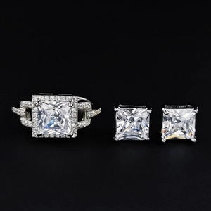Détails de l'ensemble de bijoux en argent avec bague carrée en zircon et boucles d'oreilles