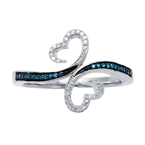 Silver open crossover ring with hollow heart designs and blue zircon pavé details