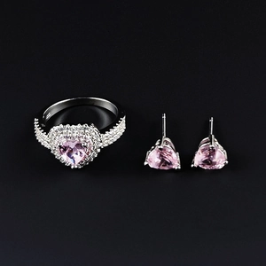 Parure de bijoux en argent S925 avec bague et boucles d'oreilles cœur rose élégantes