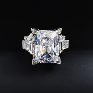 Elegant rectangle cubic zirconia ring with side step-cut diamonds in silver finish