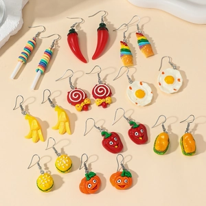 Macro shot of a 10-pair set of cute resin cartoon food and vegetable drop earrings