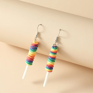 Creative rainbow swirl lollipop dangle earrings with colorful resin and silver hooks