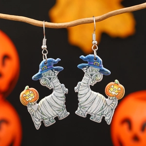 Halloween mummy cat earrings with wizard hat and pumpkin on a decorative branch