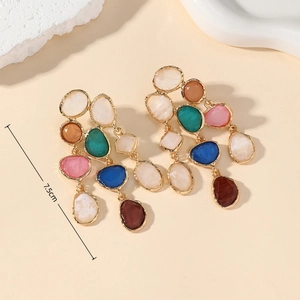 Detail of 7.5cm colorful layered resin tassel earrings with gold metal frame