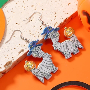 Detail of Halloween acrylic mummy dinosaur earrings with pumpkin and wizard hat elements