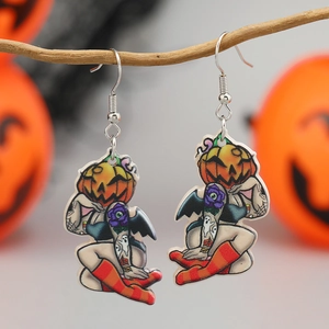 Halloween Acryl Ohrringe mit Kürbis-Mädchen-Illustration an trockenen Zweigen