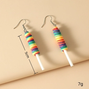 Detail view of colorful rainbow lollipop earrings showing 5cm length and resin texture