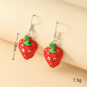 Detailed view of red chili pepper earrings with cartoon face showing dimensions 2.8cm
