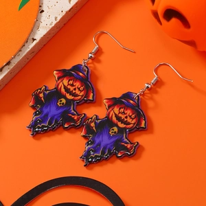 Close-up of Halloween pumpkin ghost earrings made of acrylic with purple wizard hats