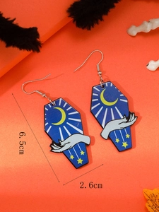 Gothic blue coffin earrings with moon and hand print, sized 6.5cm by 2.6cm