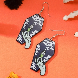 Halloween coffin acrylic earrings featuring poison bottle and skull smoke on orange background