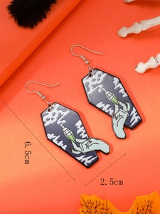 Detail view showing 6.5cm acrylic coffin earrings with hand and potion bottle print