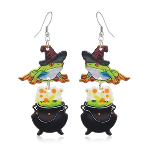 Halloween frog wizard acrylic drop earrings with a black cauldron and green bubbles