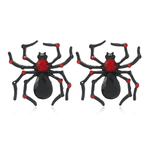 Gothic black spider stud earrings with large black teardrop gem and red rhinestones