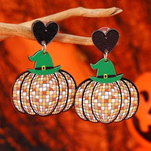 Acrylic Halloween earrings with sparkling heart studs and disco pumpkin witch pendants