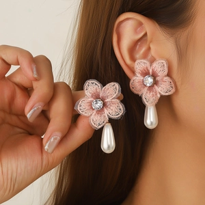 Boucles d'Oreilles Pendantes en Tissu Floral Vintage Avec Tige en Acier Inoxydable Bijoux à Gland de Rose Pour Femmes
