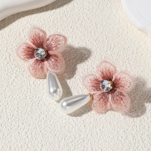 Détail de boucles d'oreilles tulipes brodées roses avec strass et perles blanches
