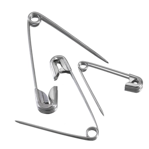 Three assorted sizes of durable stainless steel safety pins with polished silver finish
