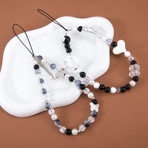 Y2K Black White Beaded Phone Charm Handmade Heart Butterfly Lanyard For Women CCD Camera Key Strap Tech Accessories