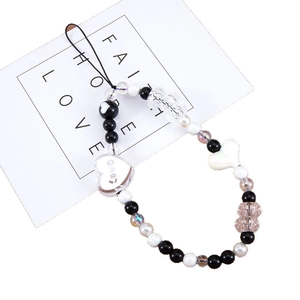 Gothic beaded phone charm featuring black and white heart pendants with ENJOY text