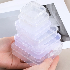 Set of transparent plastic storage boxes with hinged lids in various sizes for organizers