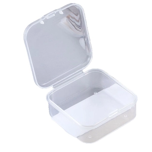 Clear plastic rectangular storage box with hinged lid for small items packaging