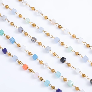 DIY stainless steel link chain with colorful acrylic cube beads and golden metal spheres