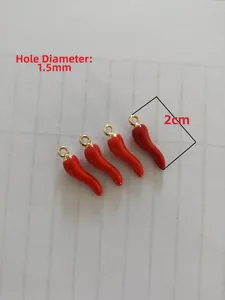 Detailed view of red chili pendants showing 2cm length and 1.5mm hole diameter
